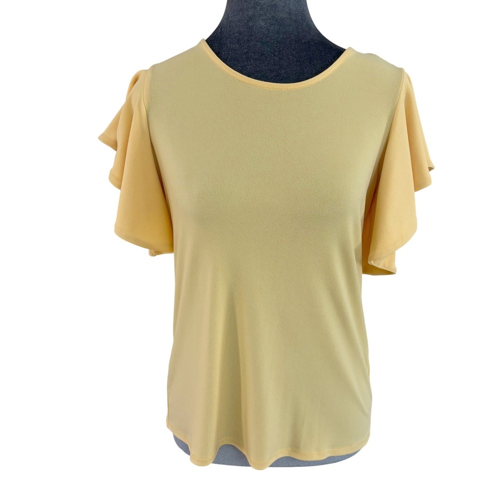 CeCe Wms Yellow Sunny Cottagecore Flutter Sleeve Tie Back Keyhole Blouse Top XS